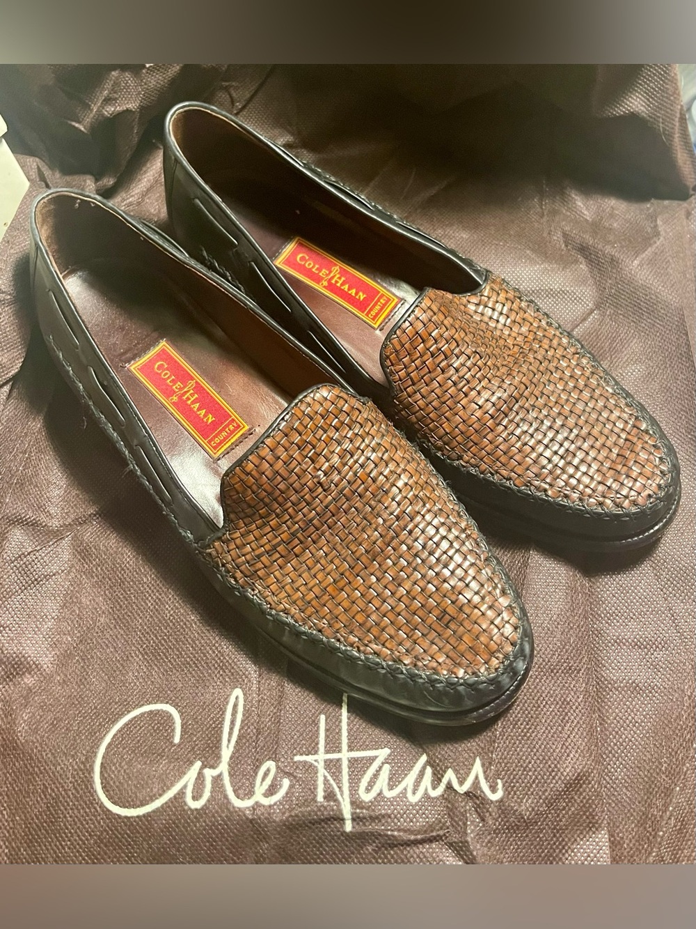 Vintage Cole Haan Country Woven Leather Loafers Black Brown Womens Size 9.5 B